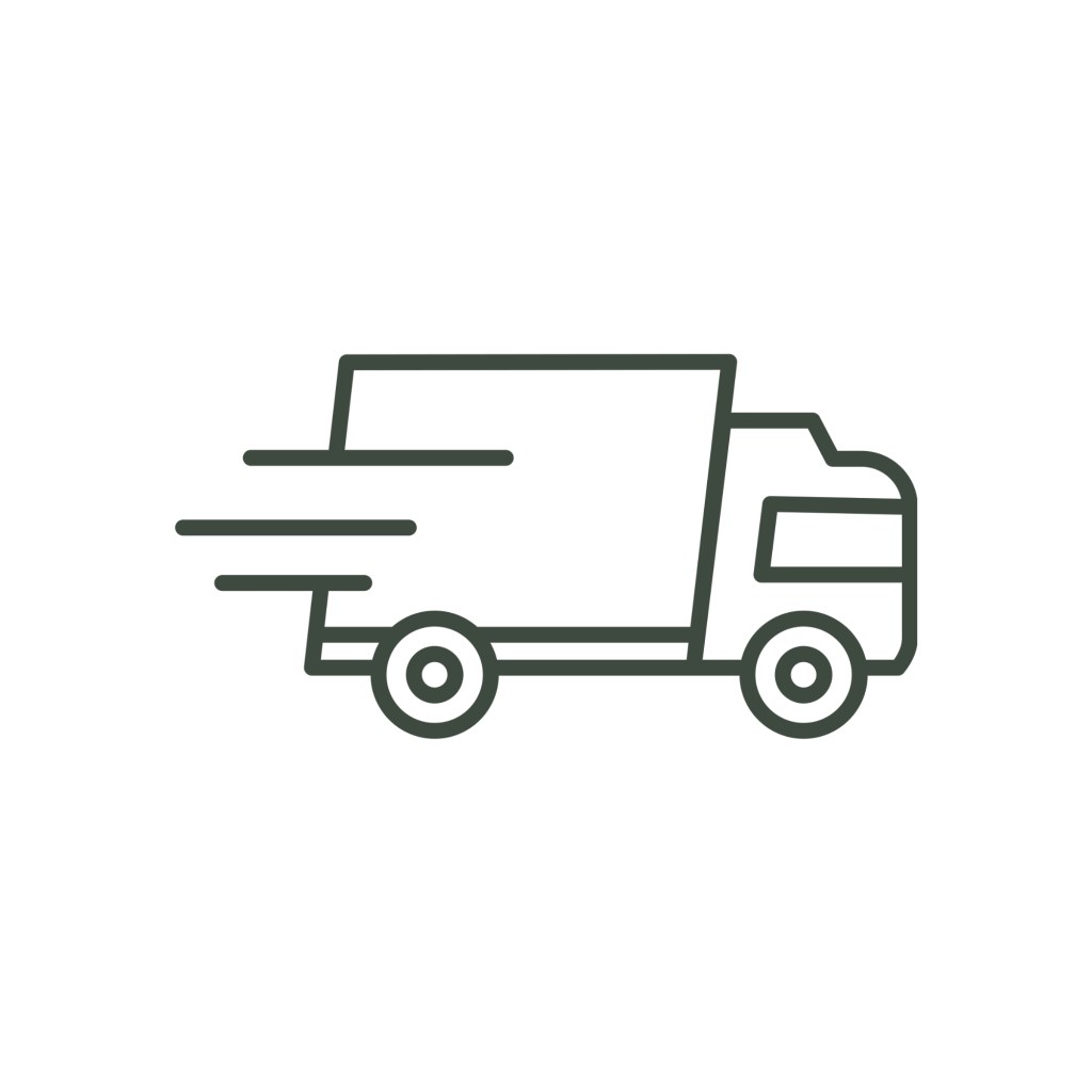 A simplified illustration of a delivery truck in motion with speed lines, symbolizing fast delivery.